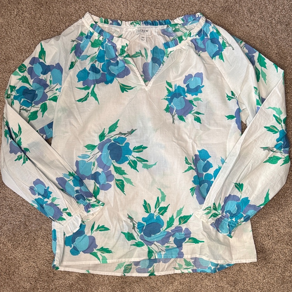 J. Crew White Tunic with Blue & Green Floral Pattern
